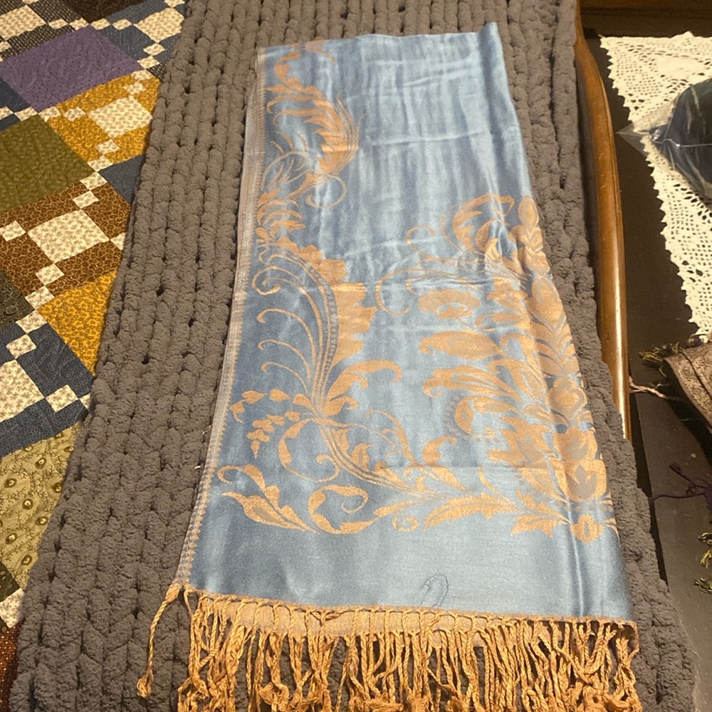 Blue and gold print fashion scarf